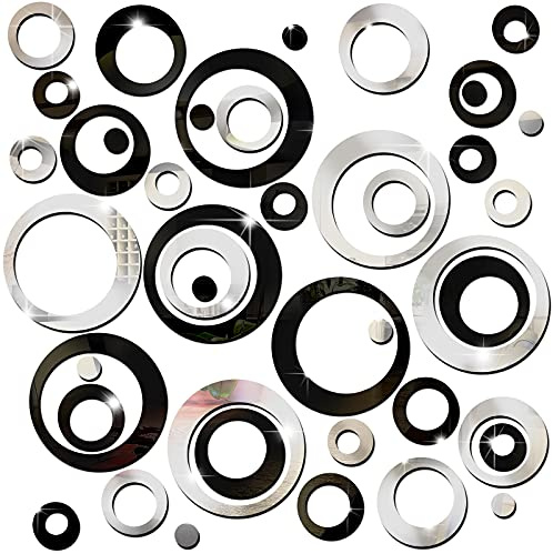 Outus 72 Pieces Wall Stickers Decor Acrylic Circle Mirror Removable Black and Sliver Wall Decor Round Dots DIY Red Living Room Decals Modern Art Murals for Home Bathroom Bedroom Decoration