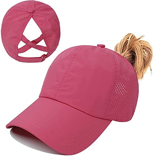 Baynetin Pferdeschwanz Baseballkappe Damen Sommer Einstellbare Schnell trocknende Masche Atmungsaktiv Baseballmütze Unisex Criss Cross Hüte Sport Mütze (Rose Red)