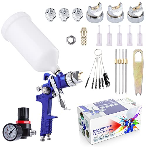 Pindex Gravity Feed HVLP Spray Gun with Air Regulator 4Nozzles1.4mm 1.7mm 2mm 2.5mm,Paint Sprayer with 1000cc/ml Cup for Cars,Wall,Furniture,Painting,Fences