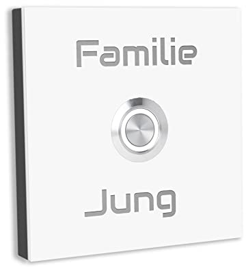 Jung Edelstahl Design Türklingel Bochum - Klingel V2A Edelstahl - incl. Gravur - LED Taster wählbar - Aufputz/Unterputztürklingel (Weiß RAL 9016, 7x7 cm)