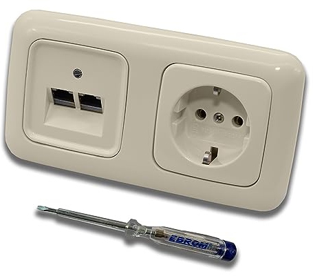 Busch Jäger, Rutenbeck Unterputz Netzwerkdose 10 Gigabit/S (10GbE) KAT6A 6A 2 x RJ45 Anschluss + Steckdose 20EUC-212 im BJ DUR2000 cremeweiß Design + EBROM Phasenprüfer z. Montage d. Geräte