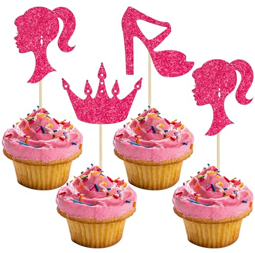 Ephlyn 24Pcs Hot Pink Glitter Princess Cupcake Toppers Doll Head High Heel Cupcake Topper Girl Birthday Theme Cupcake Picks for Baby Shower Girls Birthday Party Supplies Rose Red