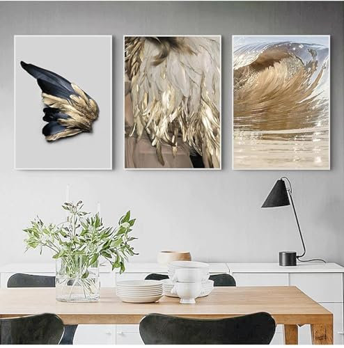 NXMYDBD Modernes Kunstwerk, Wohnzimmerdekoration, goldene Feder, abstrakte Engelsflügel, Leinwandgemälde, Wandbild, Sofa-Hintergrund, 70x90cm (28x35 Zoll) x3, ungerahmt