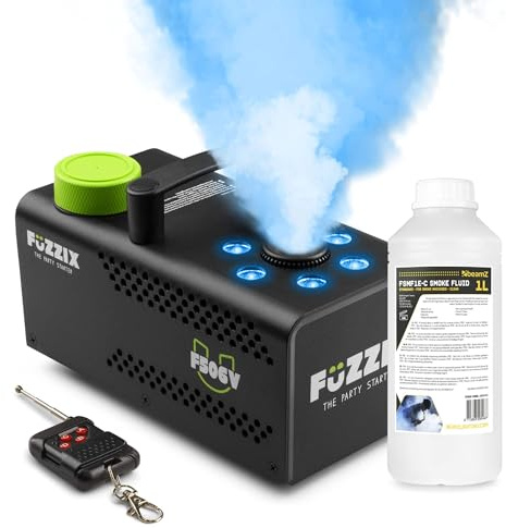 Fuzzix F506V – Máquina de humo vertical profesional con 6 LEDs RGB, función estrobo, mando a distancia inalámbrico, 1L de líquido incluido, ideal para fiestas, eventos y espectáculos