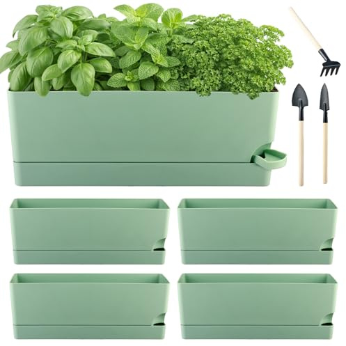 4 Pack Self Watering Pots for Indoor Plants 17 Inches Window Boxes Planters Rectangular Flower Pots Rectangle Herb Pots Large Plant Pots with Drainage Holes and Saucers Windowsill Planter, Green