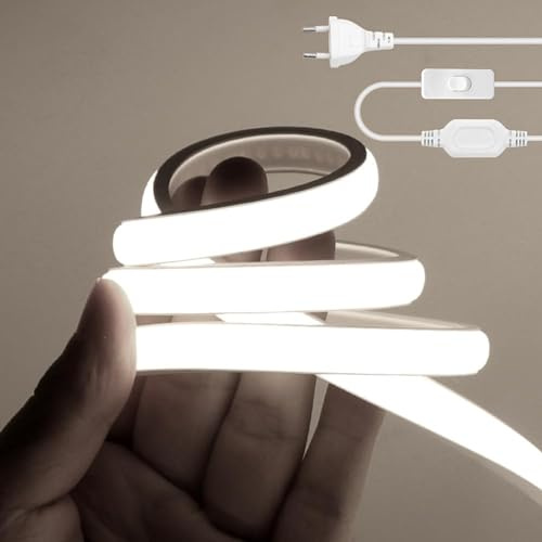 Wisada Striscia LED Neon COB 220V, IP65 Impermeabile Flessibile, 288LED/m 2m Luce Bianca 6000K Striscia LED FCOB con Interruttore, Illuminazione Camera da Letto Cucina Soggiorno