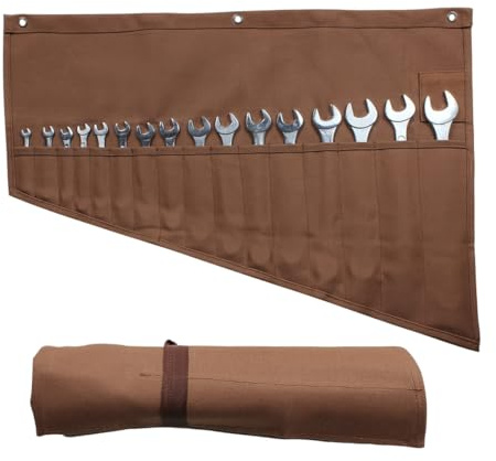GiantGo Heavy Duty Waxed Canvas Tool Roll Bag with 16 Pockets - Multi-purpose Spanner Chisel Roll, Tool Wrap Wallet Organizer for Plumbing Hand DIY Tools, Gifts for Men & Dad, Brown