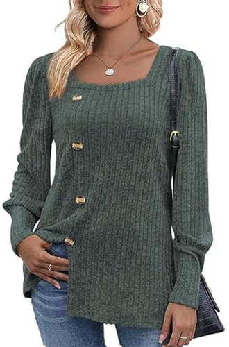 MYCOLORBLUE Damen Herbst Pullover Tunika Weich Stretch Langarm Deko Knöpfen Strickpullover T Shirt