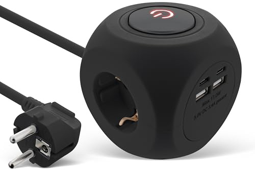 InLine 7-i-1 kontaktkub med USB, laddningskub, 3 x skyddskontakt, 2 x USB-C, 2 x USB-A med strömbrytare, 2 m kabel, grenuttag, multikontakt, bordsuttag, 3680 W, svart, 16499B
