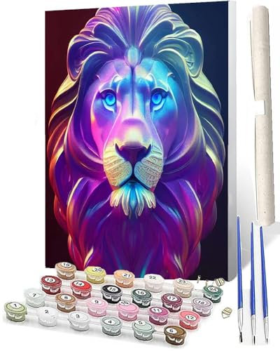 WMZPOY Malen Nach Zahlen Erwachsene DIY Handgemalt Ölgemälde Kit für Anfänger und Erwachsene Bunter Löwe-6 Mit 3-Pinseln und AcrylfarbeOhne Rahmen 40X50CM