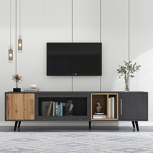 Jaxenor TV-skåp, TV-skåp med nedfällbar glasdörr, 200 cm, TV-bord, TV-bänk, TV-byrå, TV-möbler, TV-bord, TV-skänk, TV-hylla, för vardagsrummet, grå