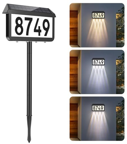 Brightever Solar Address Signs, House Number for Outside Waterproof, 3-Color LED Illuminated Address Plaques with Stake, Wall Mounted Solar Powered Light Up Address Numbers for Houses, 1-Pack