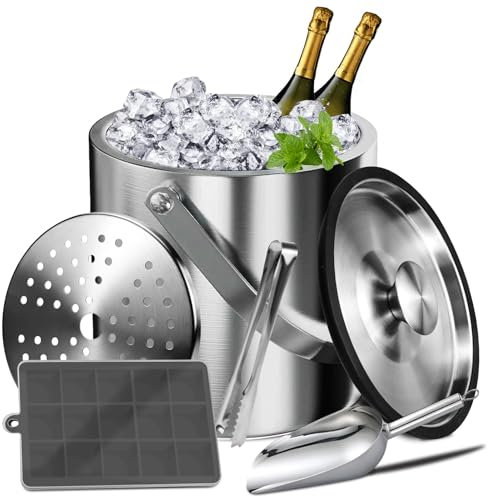 Feelhap 4L Eiswürfelbehälter mit Deckel,Eiskübel Edelstahl Doppelwandig Eiswürfelkühler Edelstahl Eiseimer,Eisbehälter für Eiswürfel Eiskübel mit Sieb,Zangen,Schaufel und Eiswürfelform Silikon