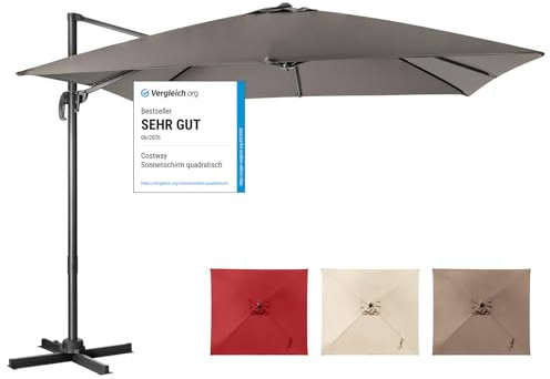 COSTWAY Sonnenschirm 300 x 300 cm quadratisch, Ampelschirm mit Kurbel, Gartenschirm neigbar, 360° drehbar, großer Terrassenschirm, Marktschirm für Gärten, Terrassen, Cafés (Grau)