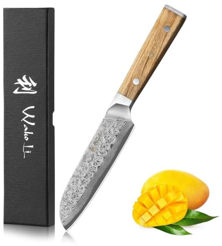 Wakoli Oribu kleines Santokumesser 12,5 cm | 67 Lagen Damaststahl mit VG-10 | Ergonomischer Olivenholzgriff, Full-Tang-Bauweise und beidseitiger V-Schliff 15° in Geschenkbox, für Gemüse, Obst und Kräuter