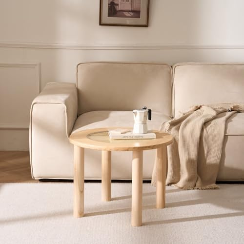 Cagnolier Table basse ronde en bois de pin massif avec verre de sécurité et aspect rotin, 3 tailles (diamètre 40/60/80 cm), design naturel, table d'appoint, table en bois pour salon et balcon