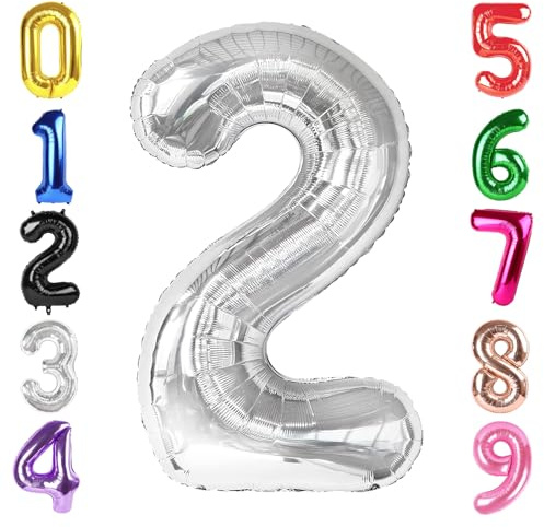 40 Inch Silver Number 2 Balloon Birthday Party Decorations for Men & Women