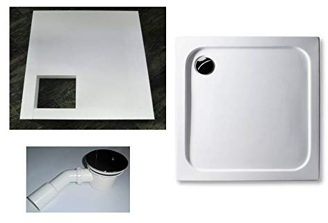 KOMPLETT-PAKET: Duschwanne 90 x 90 cm superflach 2,5 cm weiß Dusche mit GERADER UNTERSEITE Acryl + Styroporträger/Wannenträger + Ablaufgarnitur chrom DN 90