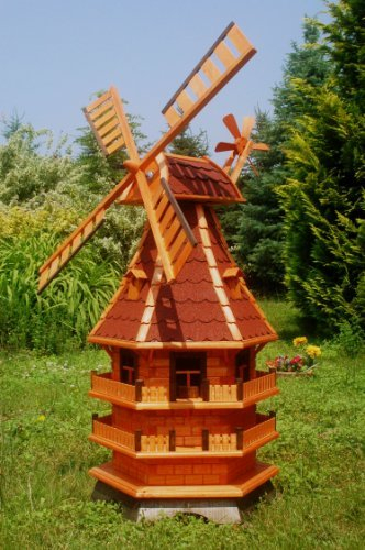 XXL Windmühle, Gartenwindmühle, Windmühlen aus Holz, Beleuchtung Solar kugelgelagert 1,50m imprägniert (rot)