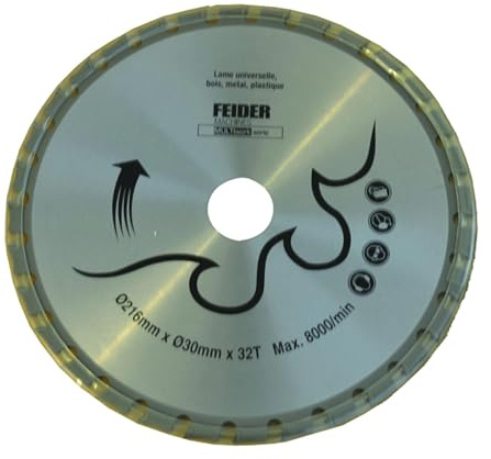 FEIDER F216LU Universal Kreissägeblatt - Sägeblatt für Kreissäge, Gezahnte Sägescheibe - Stahl - 216x30mm - 9000Tr/min Maximum - 32 Zähne - Schneidet Holz, Metall, PVC - Schneidet Schnell & Sanft