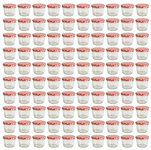 Vitrea 100x Marmeladengläser 230 ml - mit Deckel Rot Kariert TO 82 - Einmachgläser zum befüllen mit Schraubdeckel - Sturzgläser für Marmelade Schraubgläser - leere Gläser - 100 Stück