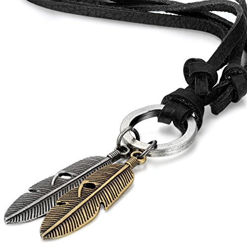 JewelryWe Mens Womens Leather Cord Necklace, Vintage Angel Feather Pendant, Black/Brown