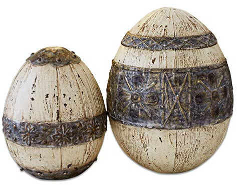 Loberon Osterei 2er Set Jamelia, Zwei Größen, mit kunstvollen Metall-Applikationen, nostalgisches Flair, Ostern, Osterdeko, Polyresin, Metall, Creme