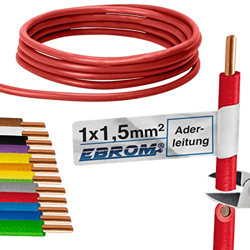 Conducteur - Conducteur unique rigide - Gaine en PVC - H07V-U 1,5 mm² - Couleur : rouge - 10 m, 15 m, 20 m, 25 m, 30 m, 35 m, 40 m, 45 m, 50 m, 55 m, 60 m jusqu'à 100 m, au choix