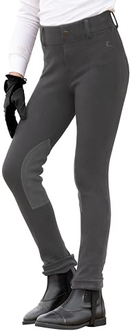 HORZE Nora Girls Riding Pants with Leather Knee Patch | Kids Equestrian Girls Jodhpurs Breeches | Size Chart in Images - Dark Grey - XL