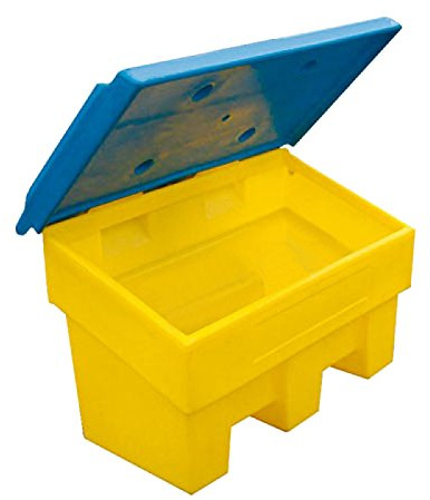 Bac à sel PEHD 180 L - Jaune/bleu - UV & intempéries - Couvercle protégé - Manutention facile.