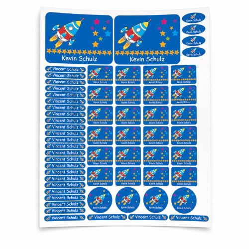 Namensaufkleber Schule Kinder Rakete - A4-Bogen - 69 Sticker - Namensschilder selbstklebend - Aufkleber selbst gestalten - Kindergarten, KITA, Brotdose, Bücher, Federmappe, personalisiert