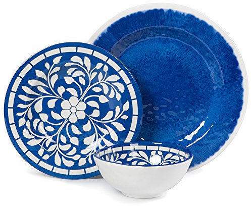 Service de table en mélamine – 12 pièces pour une utilisation en extérieur, passe au lave-vaisselle, léger, incassable, bleu