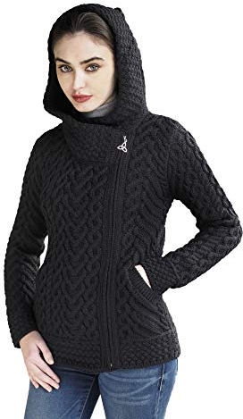 Aran Crafts Damen Kapuzenpullover mit Zopfmuster und seitlichem Reißverschluss (100% Merinowolle), Schwarz, S