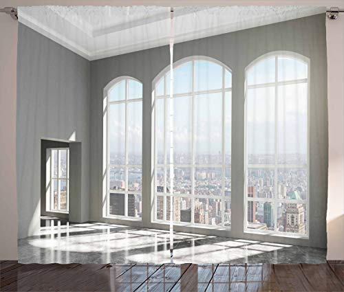 ABAKUHAUS Städtisch Rustikaler Gardine, Sonnenuntergang in New York City, Schlafzimmer Kräuselband Vorhang mit Schlaufen und Haken, 280 x 245 cm, Grau Weiß