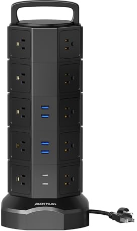 Power Strip Tower, 20 AC Outlets 6 USB Ports(2 USB C), 1050J Surge Protector, 13A Desktop Charging Station, 6.5ft Heavy Duty Extension Cord with Multiple Outlets for Home Office Garage, Black