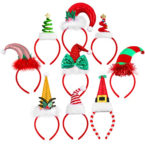 Aneco 9 Stück Weihnachten Stirnband Neuheit Weihnachten Hut Stirnband Xmas Tree Elf Hut Stirnband Verschiedene Arten für Weihnachten Party Zubehör
