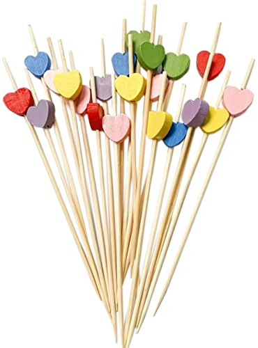 100 Palillos de Cóctel Bambú de 12 cm con Decoraciones, Palillos de Frutas para Tartas Suministros para Bodas, Pinchos de Cóctel, Pinchos Bonitos (Corazón Forma)
