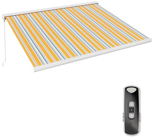 paramondo Markise Kassettenmarkise Curve 2000 Gelenkarmmarkise Balkon Terrasse Sichtschutz, mit jarolift Funkmotor & Funkhandsender, 495 x 350 cm, Gestell Weiß, Stoff Multi Gelb-Blau-Grau