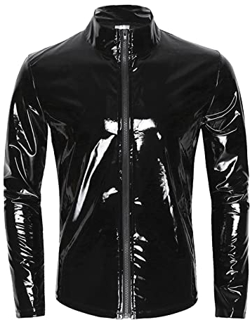 Beokeuioe Sexy Oberteil Herren Lack-Optik Jacke T-Shirt Slim Fit Latex Glänzend Tops Lack Leder mit Stehkragen Hippie Disco Party Clubwear LedermantelWetlook top