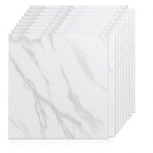 54PCS Self Adhesive Floor Planks, Peel and Stick Vinyl Flooring Square Tiles Cover 5.02m², Stone Effect/Marble Look Waterproof Floor Stickers for Kitchen, Living Room, Easy DIY (Premium White Marble)