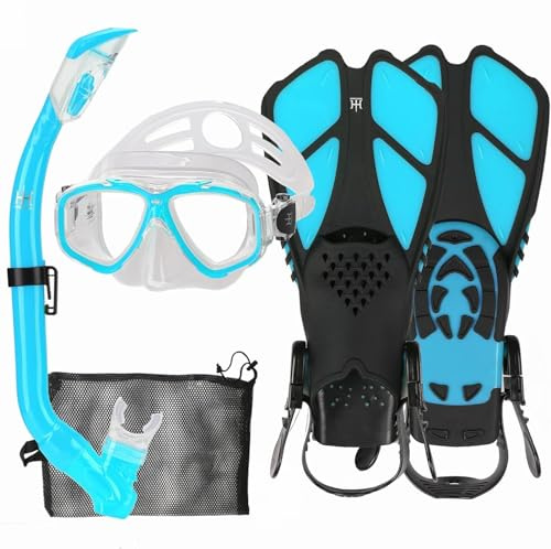 HH HHAO SPORT Children's Snorkel Set with Fins, 180° Panorama Wide View Diving Goggles, Adjustable Swimming Fins, Diving Mask and Dry Top Snorkel with Carry Bag