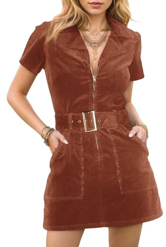 Doshoop Women's Corduroy Mini Dress Short Sleeve Lapel Zip Up Belted Cowgirl Dresses with Pockets Brown