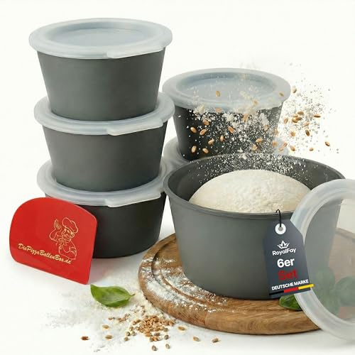 RoyalFay® Pizzaballenbox 6er-Set – Teigboxen aus recycelbarem Bio-Kunststoff mit Deckel – stapelbare Gärboxen für Pizzateig, Sauerteig und Zutaten – Made in Germany