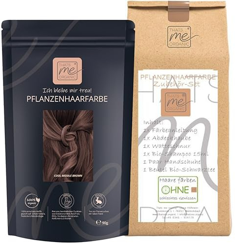 Thats me Organic® Profi Pflanzenhaarfarbe + Zubehörset (cool middle brown) – Bio Haarfarbe ohne Chemie – Haarfarbe für gesundes Haarefärben auch während Schwangerschaft und Stillzeit