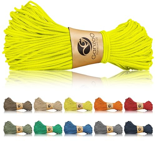 Ganzoo Paracord 125 Corde 1 mm pour takelage, tressée Nylon/Polyester Jaune Fluo, 1 âme Nylon, Rupture env. 60 kg 125 lbs, pour nouage, Bracelet, Collier de Chien, Laisse, Camping, Trekking, Survie