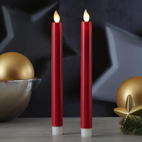 MARELIDA LED Stabkerzen - Kunststoff - bewegliche Flamme - Timer - H: 24cm - 2er Set (Rot)
