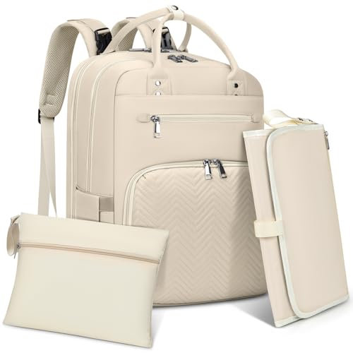 RAINSMORE Wickelrucksack Baby Wickeltasche Rucksack mit Wickelunterlage Unterwegs Groß Diaper Bag Multifunktions Baby Taschen für Mama und Papa Aprikose