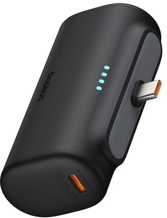 Baseus Power Bank con connettore USB C pieghevole integrato, caricatore portatile da 5000 mAh 20 W, per iPhone 15/15 Plus/15 Pro/15 Pro Max, Samsung S22/23 Series (nero)
