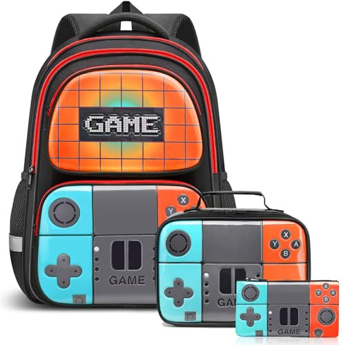 Beaulyn Zaino scolastico per ragazzi,Borsa da scuola per bambini Studente elementare Medio Primario,Zaino per videogiochi da 17 ″ per laptop, Gioco-verde acqua-arancione-3 pezzi, 3Pcs Backpack Set