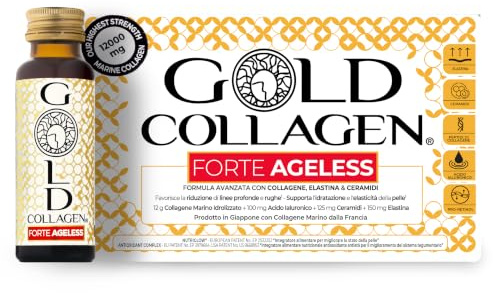 GOLD COLLAGEN Forte Ageless - Collagene Integratore Antirughe Antiossidante Riduce Linee Sottili con Biotina Crescita Capelli, Vitamina C, Collagene Marino con Acido Ialuronico Plumper, 10x50 ml